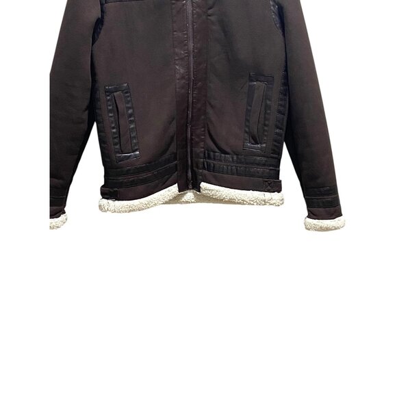 Han Ton Mens High Neck Faux Shearling Bomber Jacket Brown Size L Minimalist Warm - Picture 4 of 13